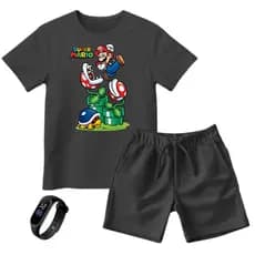 Conjunto Camiseta e Bermuda Infantil Super Mario + Relógio Promoção