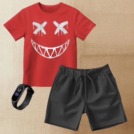 Conjunto Infantil Camiseta e Bermuda Moletinho Smile + Relógio