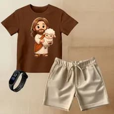 Kit Camiseta Infantil Juvenil Jesus Bermuda Moletinho + Relógio