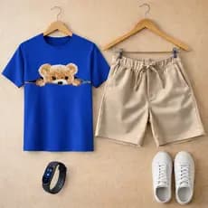 Kit Camiseta Infantil Urso e Bermuda Moletinho Bege + Relógio Brinde