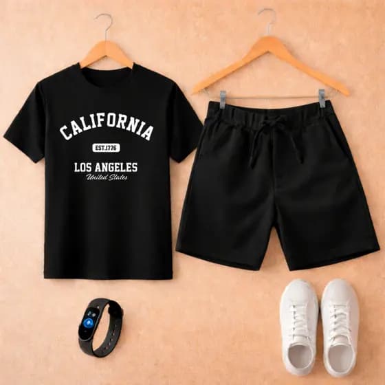Conjunto Infantil Camiseta Menino e Bermuda Moletinho California + Relógio