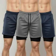 Kit 3 Shorts Masculino 2 Em 1 Sortidos Academia Corrida Fitness Com Bolso