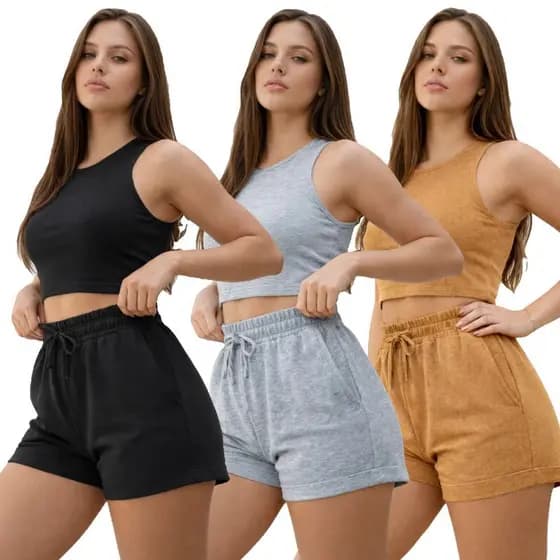 Kit 3 Shorts Feminino Moletim Cintura Alta Moletom Confortável Bolsos Lateral e Cores Tendência