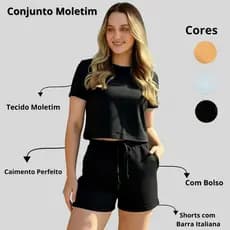 Conjunto Feminino de Moletim Shorts Com Barra Italiana E Cropped Verão