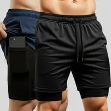 Kit 2 Bermudas 2 em 1 Masculina Para Academia Com Bolso Interno