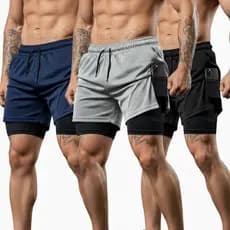 Kit 3 Bermudas 2 em 1 Masculinas Esportivas Shorts Para Academia e Corrida com Bolso Para Celular
