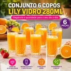 Conjunto 6 Copos Vidro 280ml Lily Água Suco Refrigerante Drink Coquetel Bar Jogo Taças Copos