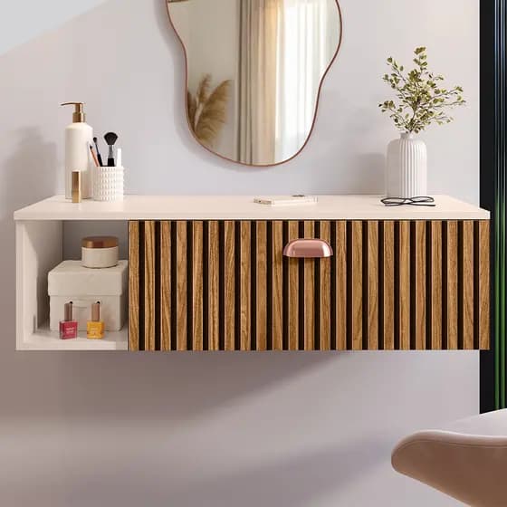 Penteadeira Camarim Margot Joy Suspensa Quarto Maquiagem Closet, Gaveta Divisórias, Nicho, Puxador Concha Retro