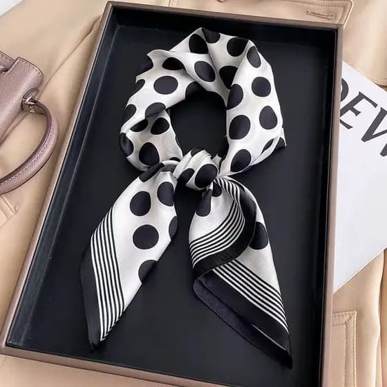 Lenço feminino elegante em cetim preto com estampa de bolinhas, 70x70 cm, pode ser usado no pescoço, no cabelo ou em uma