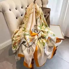 XH, Xale/Lenço Feminino Elegante, Tecido de Cetim de Seda, Estampa Floral de Lírios Laranja, 90x180cm