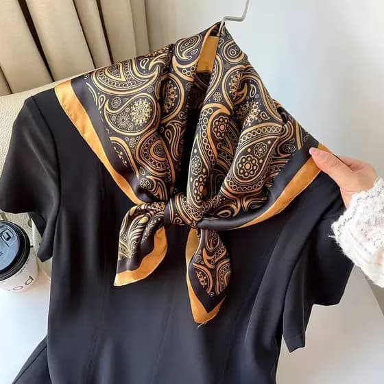 Lenço de seda fina 70x70,Castanhas de caju ouro negro, textura acetinada, imitação de cetim, proteção solar