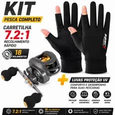 Carretilha Molinete Pesca 7.2:1 18 Rol + Par Luvas Proteção UV Profissional Pescaria Esportiva