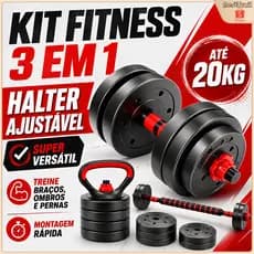 Kit Musculação 15kg 6 em 1 Halteres Ajustáveis Barra Kettlebell Academia em Casa Barra Antiderrapante