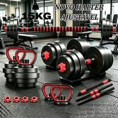 Conjunto halter 15kg ajustável, kit completo para treino de braços em casa ideal para homens iniciantes