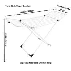 Varal Gigante Mega162 Cm De Chão Dobrável C/ Abas Resistente Não Enferruja Grande Forte - ENVIO IMEDIATO