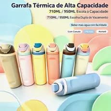 Garrafa Térmica Aço Inox 304 24oz/32oz, Tampa Dupla À Prova de Vazamento com Canudo Portátil