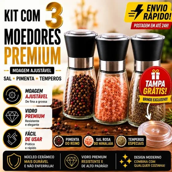 Moedor de Pimenta Especiarias Manual Tempero Moído na Hora Mais Aroma e Sabor Vidro Aço Inox Premium