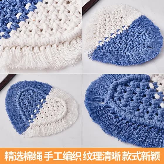 Porta-copos com borla em formato de coração, corda de algodão tecida à mão, decoração de coração, almofada de isolamento