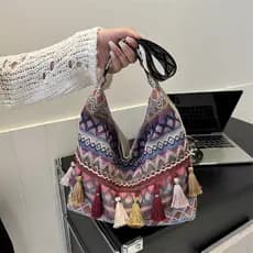 Grande capacidade moda estilo étnico borla bolsa Casual 2025 novo estilo All-Match lona ombro saco do mensageiro sacola