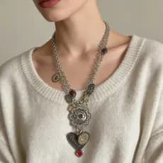 Retro na moda liga exagerada antiga flor de prata único amor pingente dupla camada empilhamento colar