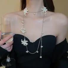 Corrente de cintura com flor de pérola, colar de uso duplo, joia elegante em camadas para mulheres