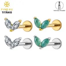 FINE4U Piercing Tragus Titânio Marquise Dupla CZ/Musgo Ágata Para Helix Cartilagem Conch Tragus