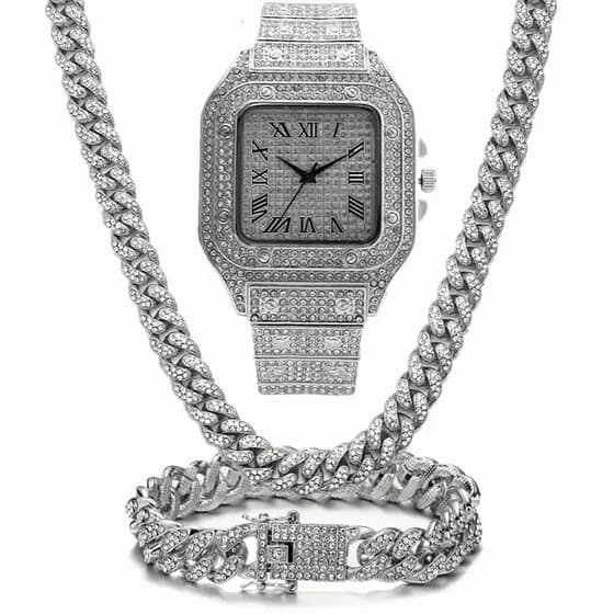 Novo Relógio Masculino Corrente de Gelo Hip Hop Conjunto de Diamantes Relógio Masculino Colar com Pulseira Joias
