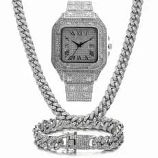 Novo Relógio Masculino Corrente de Gelo Hip Hop Conjunto de Diamantes Relógio Masculino Colar com Pulseira Joias