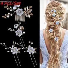 SHENGDA 4 Pçs/set Tiara De Noiva , Pente De Cabelo De Flor Espumante De Strass , Casamento Leve Dourada/Prata