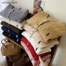 [prosperityus] Cardigan De Malha Com Cabo Bordado Feminino Retrô Gola Redonda Suéter Único [Venda Quente]