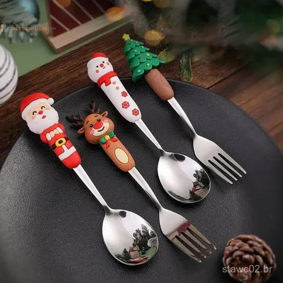 Cs 4 Pçs Natal Glod Prata Colher Garfo Conjunto Elk Árvore De Decoração Sobremesa Frutas Café Talheres VN