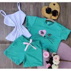 conjunto infantil menina três peças verão short, blusa e regata gatinho