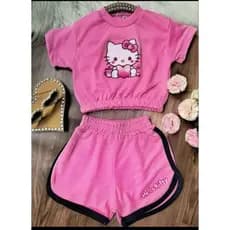 Conjunto infantil menina blusa e short verão Hello Kitty rosa