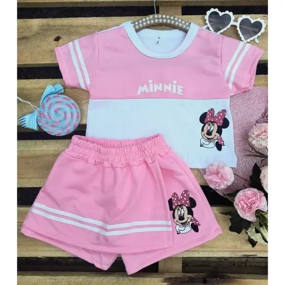 Conjunto infantil minnie menina blusa e short saia rosa bb verão 2026