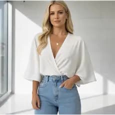 Blusa Cropped Morcego Transpassada Decote em V Tecido Canelado Cropped Feminino Morcego em V Premium Manga Larga