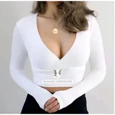 Blusinha Cropped Transpassado Feminino Manga Longa Decote em V Tecido Malha Canelada Blusa Cropped Manga Longa