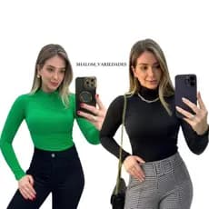 Kit 2 Blusas Malha Canelada Manga Longa Gola Alta Segunda Pele Blusinha
