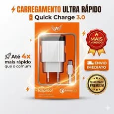 Carregador Turbo Quick Charge 3.0 + Cabo Incluso | Carga Ultra Rápida, Compatível Android e iPhone