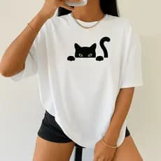 Blusa feminina t-shirts basica estampa gato delicada moda menina mulher adolescentes P ao GG