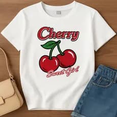 Camiseta feminina de algodão com gola redonda ajustada Cherry Maça Delicado elegante Moda verão