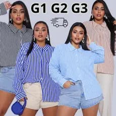 Camisa Listrada Feminina Plus Size Tecido Duna Premium G1 G2 G3 Elegante Social  Tendência Luxo Conforto