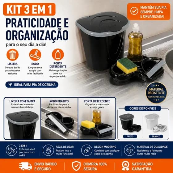 Kit 3 em 1 Lixeira de Pia + Rodo de Pia + Porta Detergente e Esponja | Organizador para Cozinha
