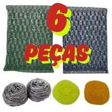 Kit Esponja Multiuso e Palha de Aço Inox 6 Peças Limpeza Cozinha Panelas e Louça