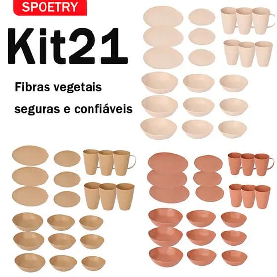 21 Peças Conjunto De Reutilização Louça De Mesa Bowl 9 Pratos 6 Bowl 6 Copos Household Fibra Comendo Tigela