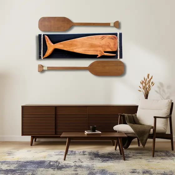 Kit Decoração Náutica – 2 Remos Rústicos + Baleia de Madeira Maciça Parede Praia Sala Quarto