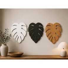 Quadro Decorativo Folha Costela De Adão Madeira Sala Quarto Parede Boho Moderno Kit 3 Peças Branco Preto Natural Premium