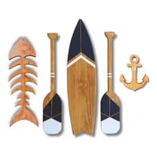 Kit Quadros Decorativos com 2 Remos + Prancha + Espinha de Peixe e Âncora Madeira Artesanal Decoração Parede Náutica