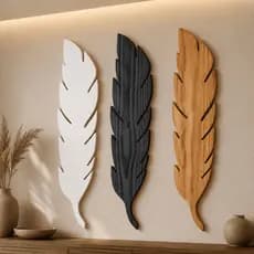 Quadro Decorativo Folha Madeira 81 cm Sala Quarto Parede Boho Moderno Artesanal Kit 3 Peças Branco Preto Natural Premium