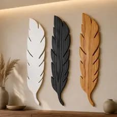 Quadro Decorativo Folha Madeira 81cm Kit 3 Peças Sala Quarto Parede Boho Moderno Artesanal Branco Preto Natural
