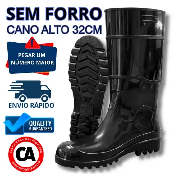 Galocha Bota PVC Preta Cano Longo 32cm Impermeável Sem Forro Unissex